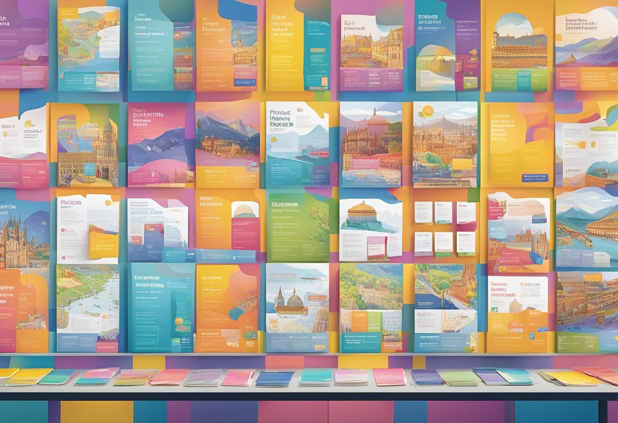 A colorful array of festival brochures and maps lay neatly arranged on a sleek, modern information desk. Brightly lit screens display event schedules and ticket information, inviting visitors to explore the Edinburgh International Festival