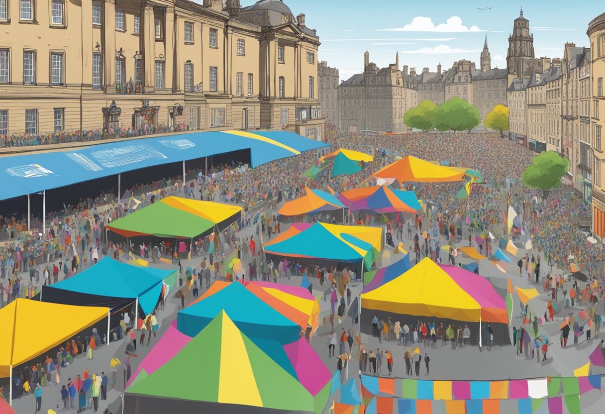 Crowds gather in front of grand venues, colorful banners flutter in the breeze, and stages are set for performances at the Edinburgh International Festival