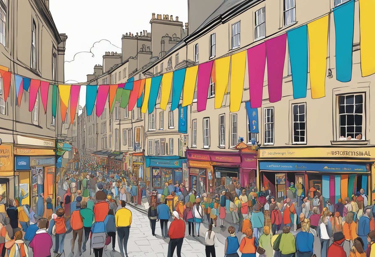 Colorful banners line the streets of Edinburgh, as crowds gather for the international festival. Music fills the air, and performers entertain on every corner