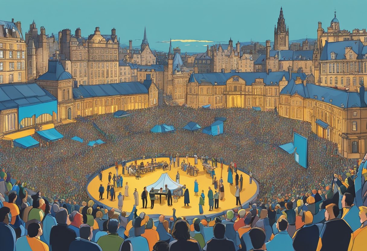 The Edinburgh International Festival features a grand stage with diverse performers, surrounded by a bustling audience and vibrant city skyline