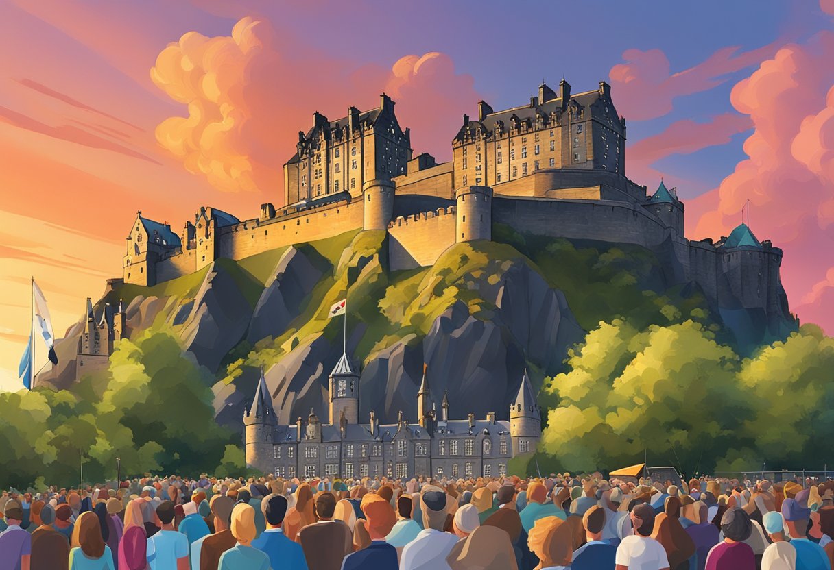 The Edinburgh Castle stands tall against a vibrant sunset sky, while a crowd gathers in front of the historic venue for the International Festival